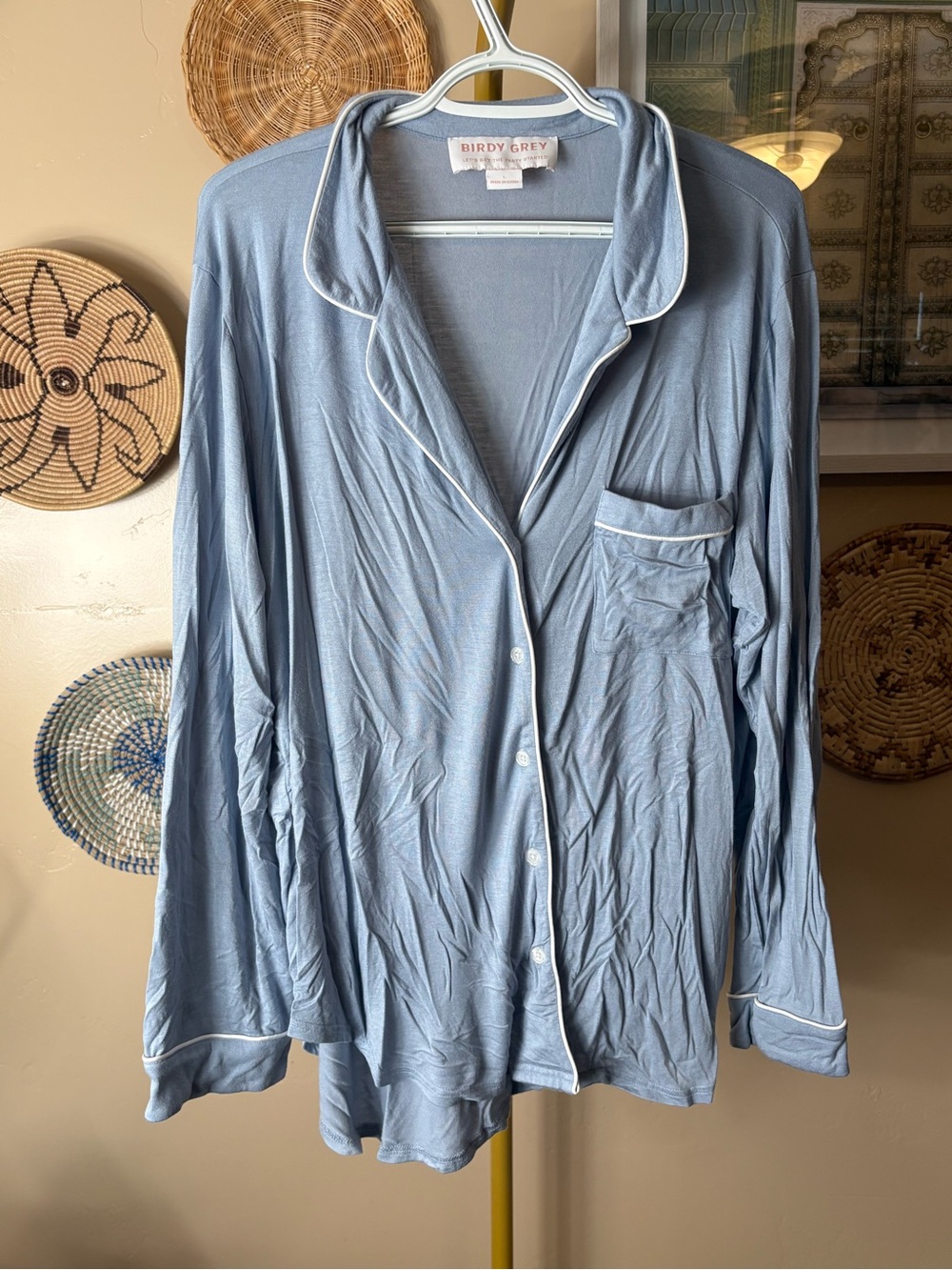 Birdy Grey Light Blue Button-Front Pajama Top with White Piping